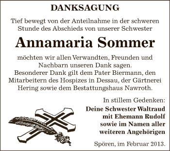 Traueranzeige von Annamaria Sommer von WVG - Wochenspiegel Bitterfeld