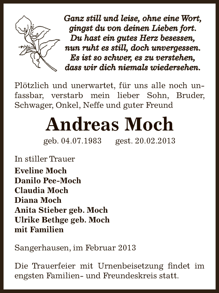  Traueranzeige für Andreas Moch vom 24.02.2013 aus Super Sonntag SGH Mansf. Land