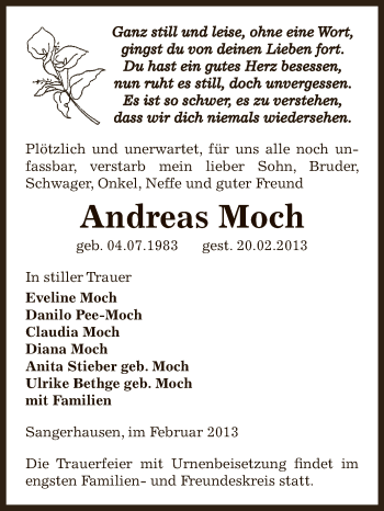 Traueranzeige von Andreas Moch von Super Sonntag SGH Mansf. Land
