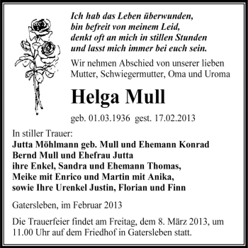 Traueranzeige von Helga Mull von Super Sonntag Aschersleben