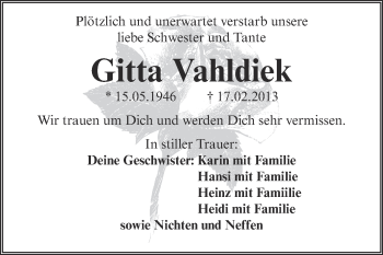 Traueranzeige von Gitta Vahldiek von Super Sonntag Aschersleben