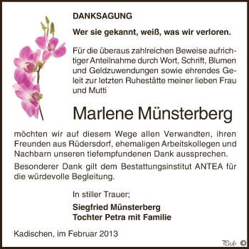 Traueranzeige von Marlene Münsterberg von Super Sonntag Zeitz