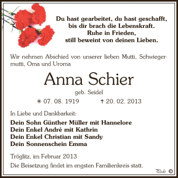 Traueranzeige von Anna Schier von Super Sonntag Zeitz