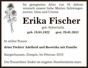 Traueranzeige von Erika Fischer von WVG - Wochenspiegel SGH