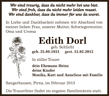 Traueranzeige von Edith Dorl von WVG - Wochenspiegel SGH