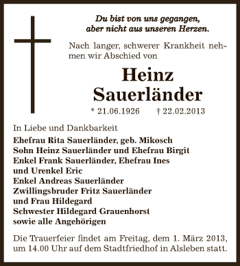 Traueranzeige von Heinz Sauerländer von Super Sonntag SGH Mansf. Land