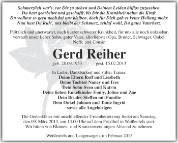 Traueranzeige von Gerd Reiher von WVG - Wochenspiegel NMB / WSF / ZTZ