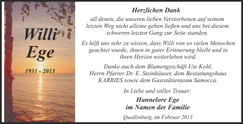 Traueranzeige von Willi Ege von WVG - Wochenspiegel Quedlinburg