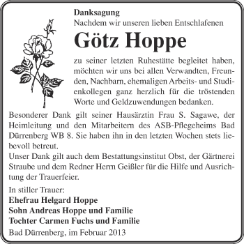 Traueranzeige von Götz Hoppe von Super Sonntag Merseburg