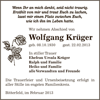 Traueranzeige von Wolfgang Krüger von WVG - Wochenspiegel Bitterfeld