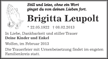 Traueranzeige von Brigitta Leupolt von WVG - Wochenspiegel Bitterfeld