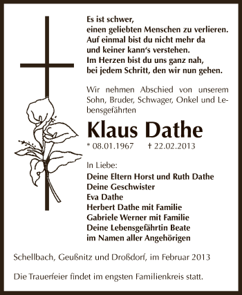 Traueranzeige von Klaus Dathe von Super Sonntag Zeitz