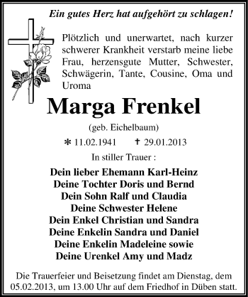Traueranzeige von Marga Frenkel von Mitteldeutsche Zeitung