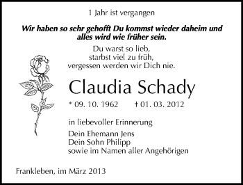 Traueranzeige von Claudia Schady von Mitteldeutsche Zeitung