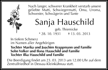 Traueranzeige von Sanja Hauschild von Mitteldeutsche Zeitung