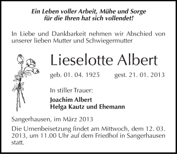 Traueranzeige von Lieselotte Albert von Mitteldeutsche Zeitung Sangerhausen