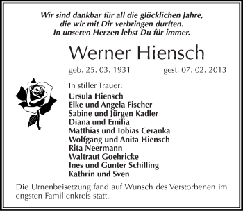 Traueranzeige von Werner Hiensch von Mitteldeutsche Zeitung Halle/Saalkreis