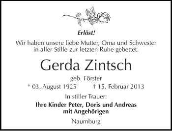 Traueranzeige von Gerda Zintsch von Mitteldeutsche Zeitung Naumburg/Nebra