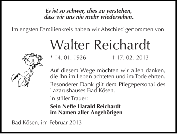 Traueranzeige von Walter Reichardt von Mitteldeutsche Zeitung Naumburg/Nebra
