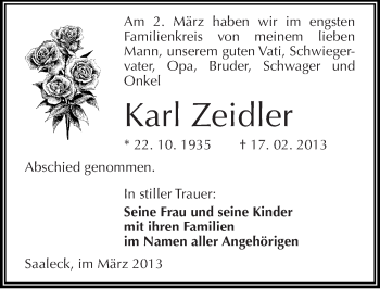 Traueranzeige von Karl Zeidler von Mitteldeutsche Zeitung Naumburg/Nebra
