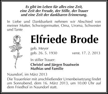 Traueranzeige von Elfriede Brode von Mitteldeutsche Zeitung Halle/Saalkreis