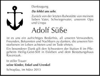Traueranzeige von Adolf Süße von Mitteldeutsche Zeitung Merseburg/Querfurt