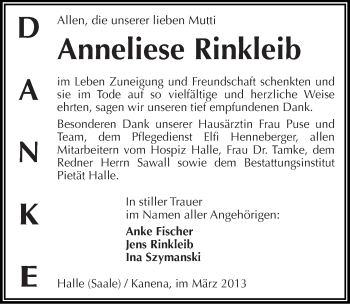 Traueranzeige von Anneliese Rinkleib von Mitteldeutsche Zeitung Halle/Saalkreis