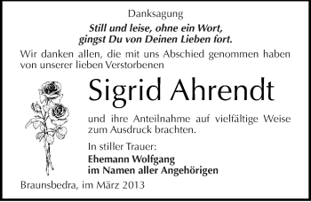 Traueranzeige von Sigrid Ahrendt von Mitteldeutsche Zeitung Merseburg/Querfurt
