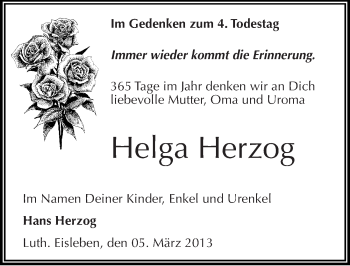Traueranzeige von Helga Herzog von Mitteldeutsche Zeitung Mansfelder Land