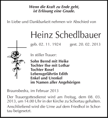 Traueranzeige von Heinz Schedlbauer von Mitteldeutsche Zeitung Merseburg/Querfurt
