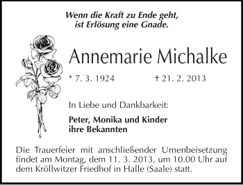 Traueranzeige von Annemarie Michalke von Mitteldeutsche Zeitung Halle/Saalkreis