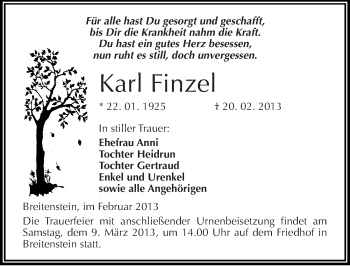 Traueranzeige von Karl Finzel von Mitteldeutsche Zeitung Sangerhausen