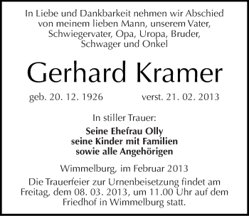 Traueranzeige von Gerhard Kramer von Mitteldeutsche Zeitung Mansfelder Land