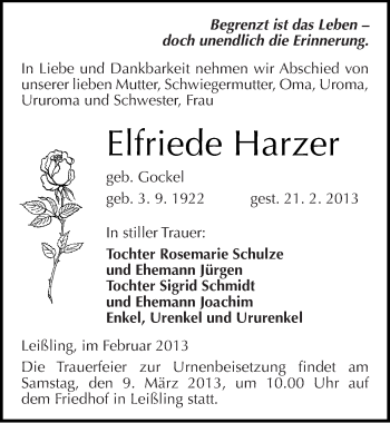 Traueranzeige von Elfriede Harzer von Mitteldeutsche Zeitung Weißenfels