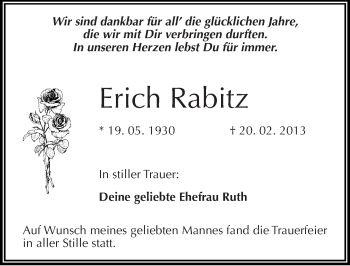 Traueranzeige von Erich Rabitz von Mitteldeutsche Zeitung Halle/Saalkreis