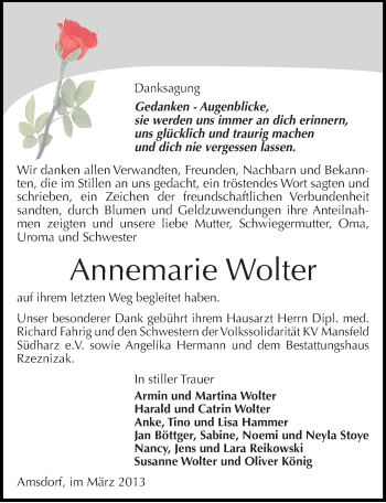 Traueranzeige von Annemarie Wolter von Mitteldeutsche Zeitung Mansfelder Land
