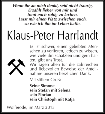 Traueranzeige von Klaus-Peter Harrlandt von Mitteldeutsche Zeitung Mansfelder Land