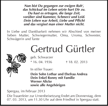 Traueranzeige von Gertrud Gürtler von Mitteldeutsche Zeitung Merseburg/Querfurt