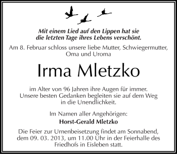 Traueranzeige von Irma Mletzko von Mitteldeutsche Zeitung Mansfelder Land