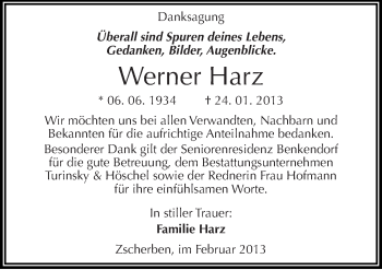 Traueranzeige von Werner Harz von Mitteldeutsche Zeitung Halle/Saalkreis