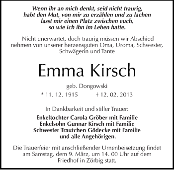 Traueranzeige von Emma Kirsch von Mitteldeutsche Zeitung Bitterfeld