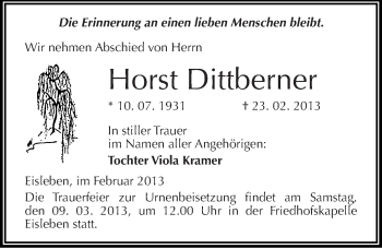 Traueranzeige von Horst Dittberner von Mitteldeutsche Zeitung Mansfelder Land