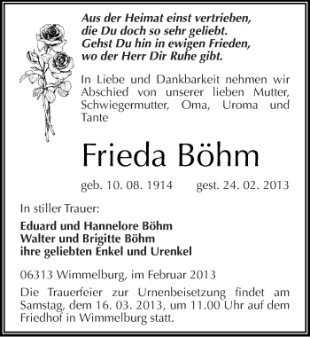 Traueranzeige von Frieda Böhm von Mitteldeutsche Zeitung Mansfelder Land