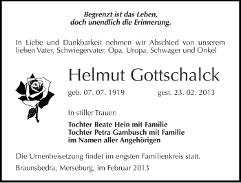 Traueranzeige von Helmut Gottschalck von Mitteldeutsche Zeitung Merseburg/Querfurt