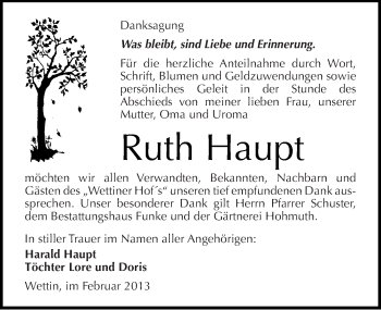 Traueranzeige von Ruth Haupt von Mitteldeutsche Zeitung Halle/Saalkreis