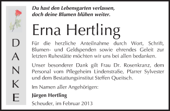 Traueranzeige von Erna Hertling von Mitteldeutsche Zeitung Köthen