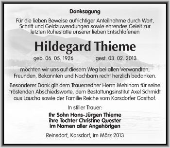 Traueranzeige von Hildegard Thieme von Mitteldeutsche Zeitung Naumburg/Nebra