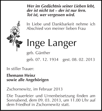 Traueranzeige von Inge Langer von Mitteldeutsche Zeitung Wittenberg