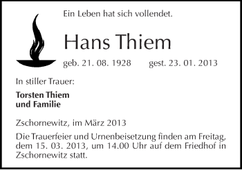 Traueranzeige von Hans Thiem von Mitteldeutsche Zeitung Wittenberg