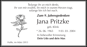Traueranzeige von Jana Pritzke von Mitteldeutsche Zeitung Halle/Saalkreis